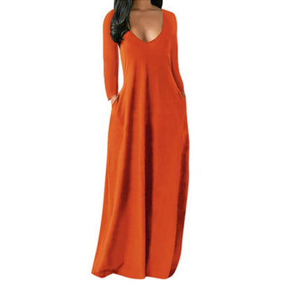 S-5XL Women Casual Solid Color V Neck Maxi Dress