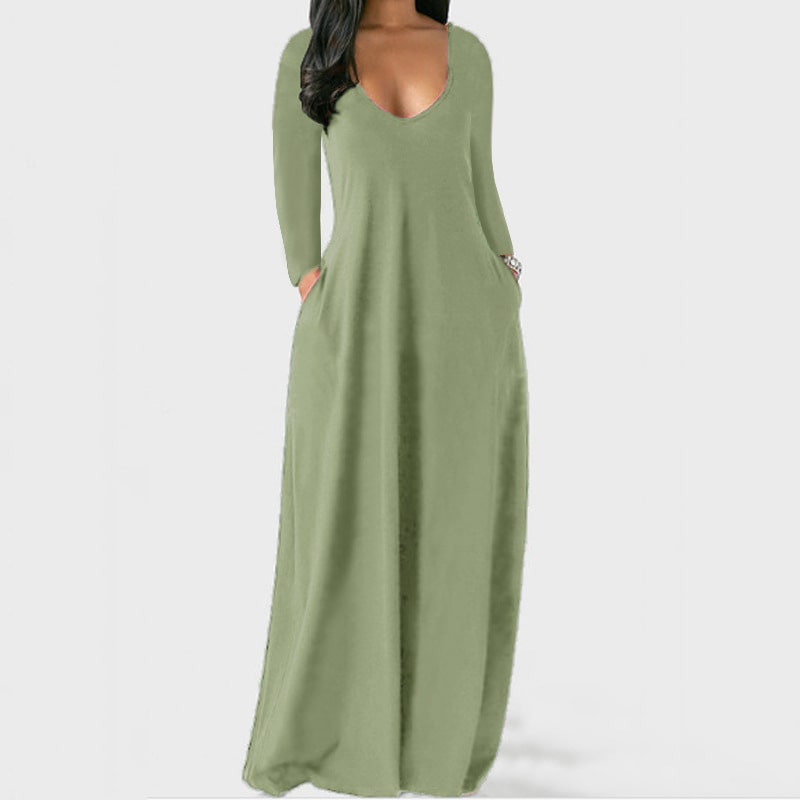 S-5XL Women Casual Solid Color V Neck Maxi Dress