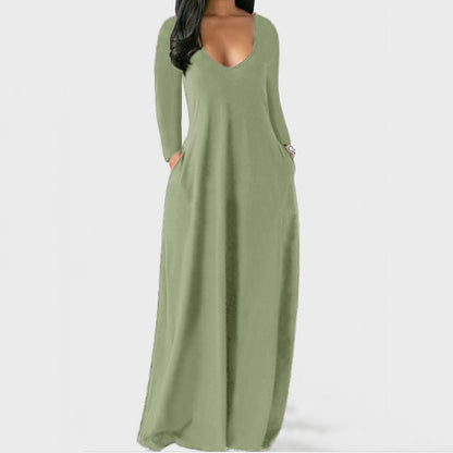S-5XL Women Casual Solid Color V Neck Maxi Dress