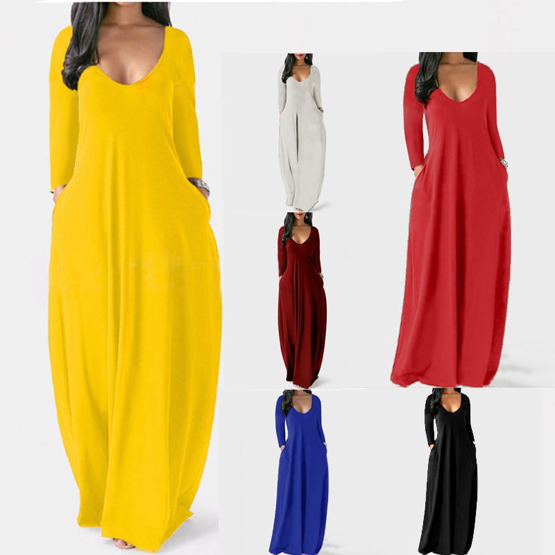 S-5XL Women Casual Solid Color V Neck Maxi Dress