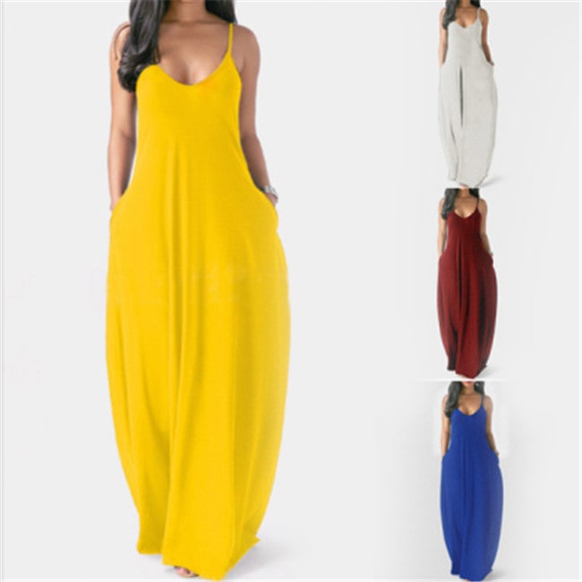 S-5XL Women Plus Size Casual Boho Solid Color Sleveless Maxi Summer Vacation Dress