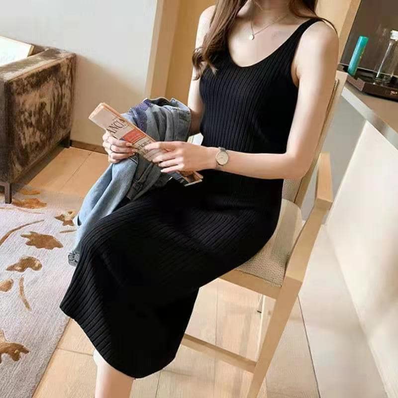 Women Casual Solid Color Slip Midi Knitted Dress