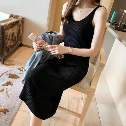 Women Casual Solid Color Slip Midi Knitted Dress