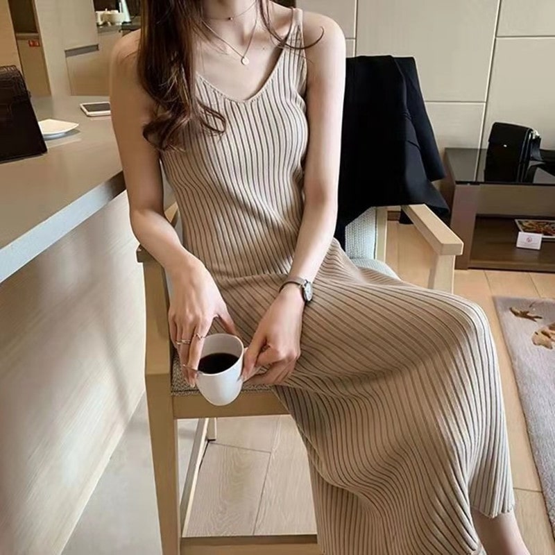 Women Casual Solid Color Slip Midi Knitted Dress