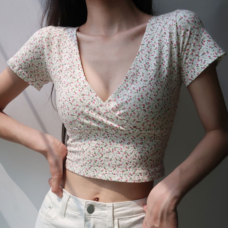S-3XL Women Casual Flower Printed Wrap Crop Top