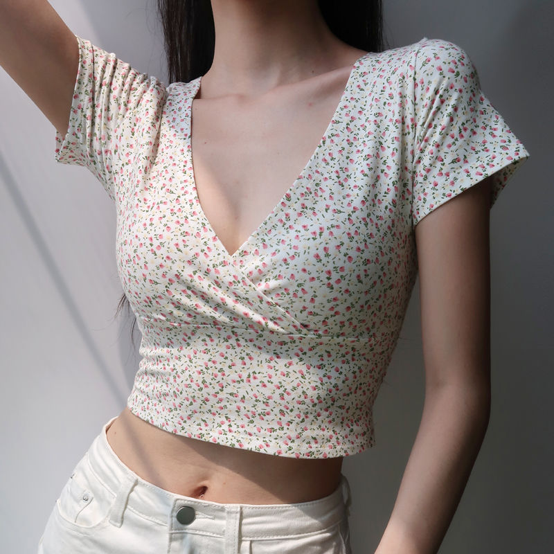 S-3XL Women Casual Flower Printed Wrap Crop Top