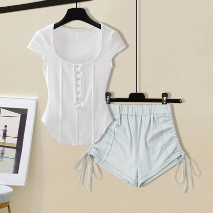 M-4XL Women Casual Solid Color Top And Drawstring Shorts Two Pieces Set