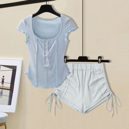 M-4XL Women Casual Solid Color Top And Drawstring Shorts Two Pieces Set