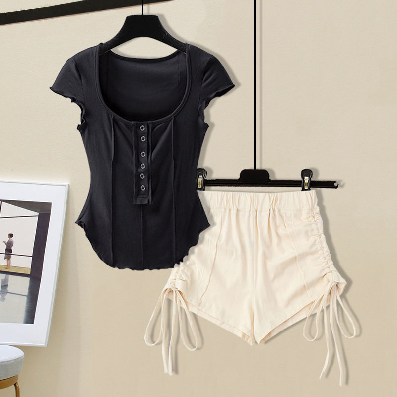 M-4XL Women Casual Solid Color Top And Drawstring Shorts Two Pieces Set