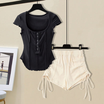 M-4XL Women Casual Solid Color Top And Drawstring Shorts Two Pieces Set