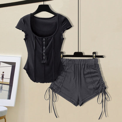 M-4XL Women Casual Solid Color Top And Drawstring Shorts Two Pieces Set