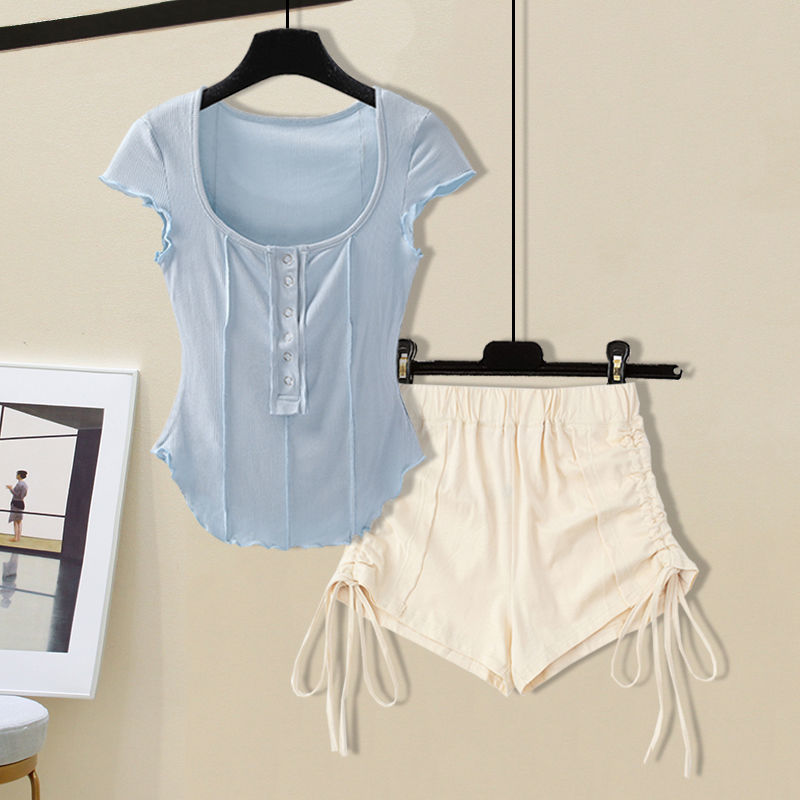 M-4XL Women Casual Solid Color Top And Drawstring Shorts Two Pieces Set