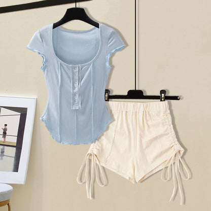 M-4XL Women Casual Solid Color Top And Drawstring Shorts Two Pieces Set