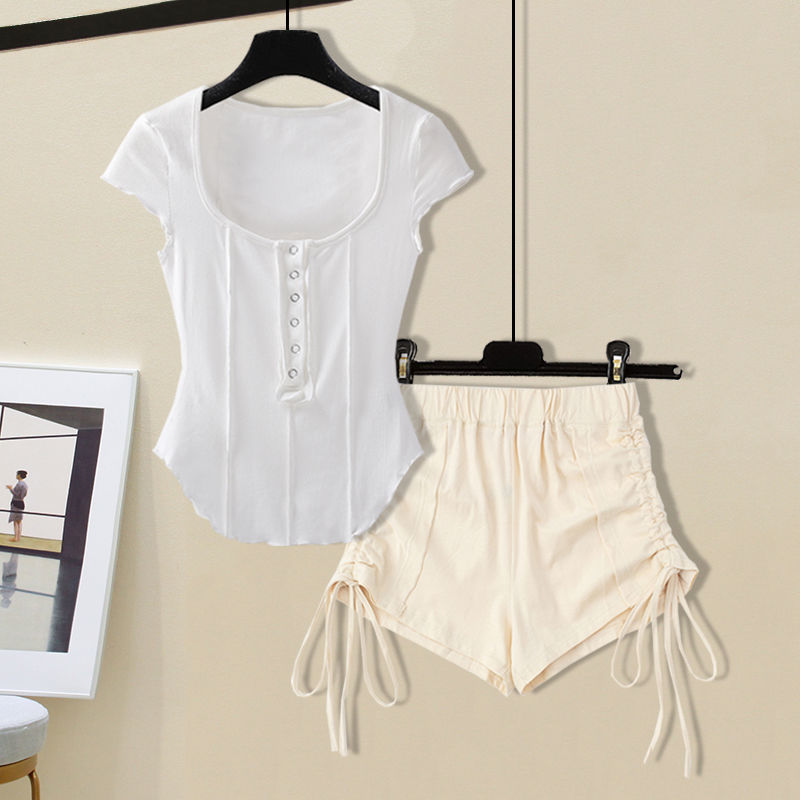 M-4XL Women Casual Solid Color Top And Drawstring Shorts Two Pieces Set