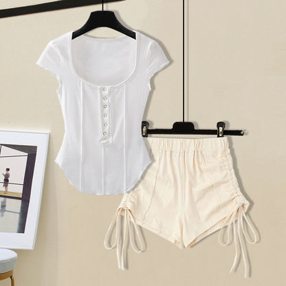 M-4XL Women Casual Solid Color Top And Drawstring Shorts Two Pieces Set