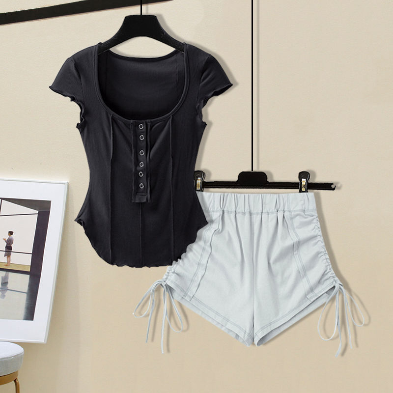 M-4XL Women Casual Solid Color Top And Drawstring Shorts Two Pieces Set