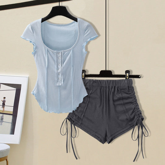 M-4XL Women Casual Solid Color Top And Drawstring Shorts Two Pieces Set