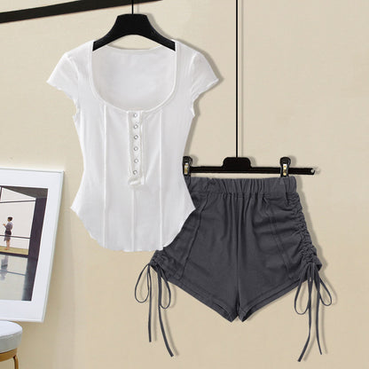 M-4XL Women Casual Solid Color Top And Drawstring Shorts Two Pieces Set