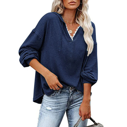 Sudadera con capucha de manga larga holgada y cuello en V informal para mujer tallas S-5XL