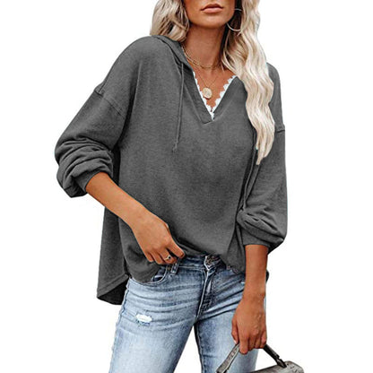 Sudadera con capucha de manga larga holgada y cuello en V informal para mujer tallas S-5XL
