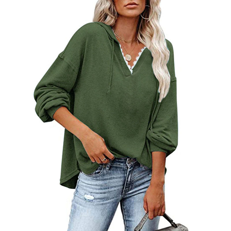 Sudadera con capucha de manga larga holgada y cuello en V informal para mujer tallas S-5XL