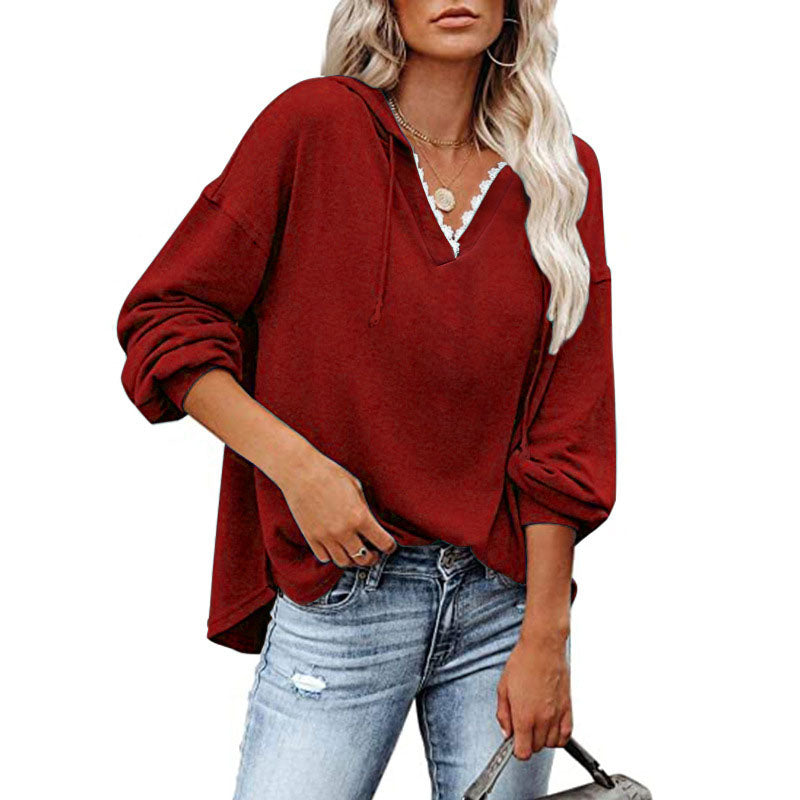 Sudadera con capucha de manga larga holgada y cuello en V informal para mujer tallas S-5XL