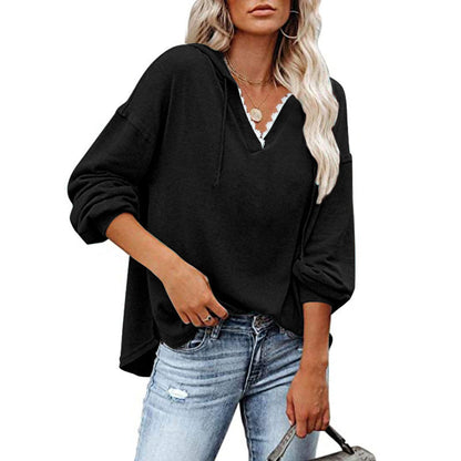 Sudadera con capucha de manga larga holgada y cuello en V informal para mujer tallas S-5XL