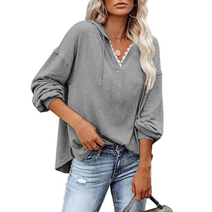 Sudadera con capucha de manga larga holgada y cuello en V informal para mujer tallas S-5XL