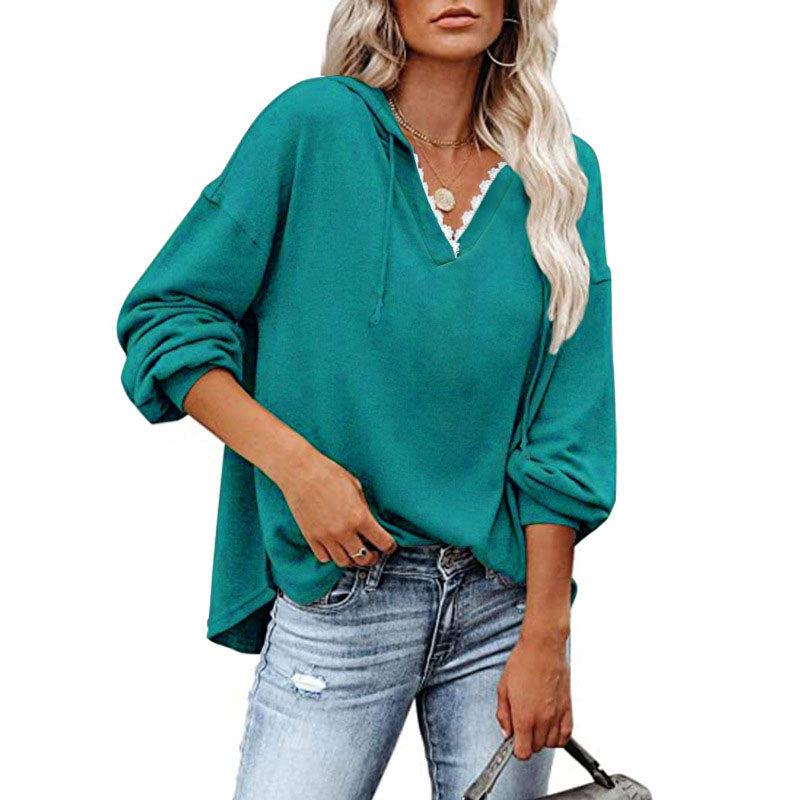 Sudadera con capucha de manga larga holgada y cuello en V informal para mujer tallas S-5XL
