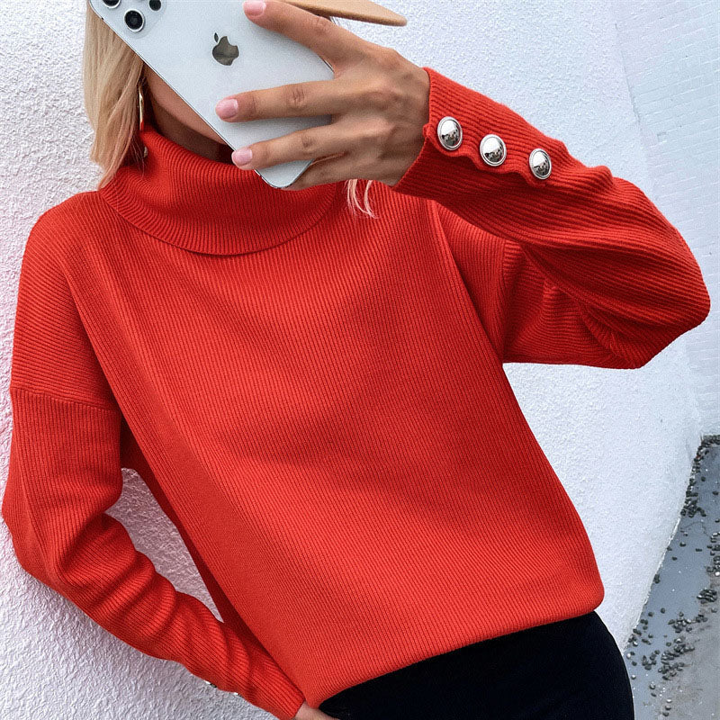 S-2XL Women Casual Solid Color Button Design Turtle Neck Knitwear