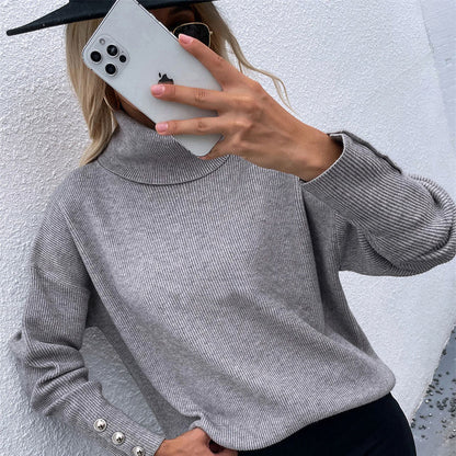 S-2XL Women Casual Solid Color Button Design Turtle Neck Knitwear