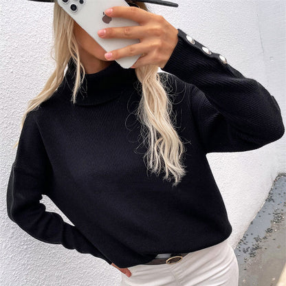 S-2XL Women Casual Solid Color Button Design Turtle Neck Knitwear