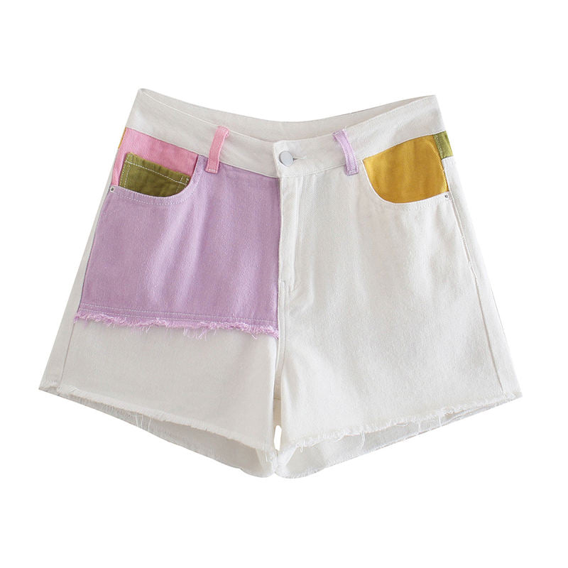 XS-L Women Casual Color Blocking Patchwork Shorts