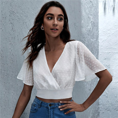 S-XL Women Casual V Neck Ruffled Crop Top