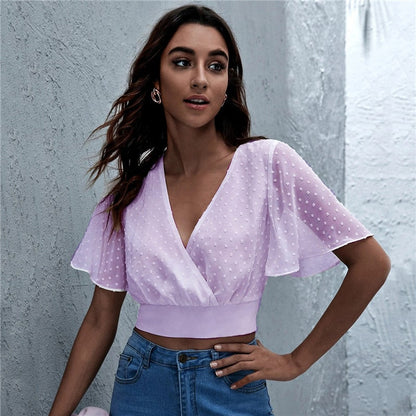 S-XL Women Casual V Neck Ruffled Crop Top