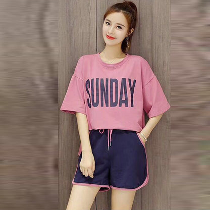 S-3XL Women Casual Letter Printed T-shirt And Drawstring Waist Shorts Two Piece Set