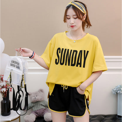 S-3XL Women Casual Letter Printed T-shirt And Drawstring Waist Shorts Two Piece Set