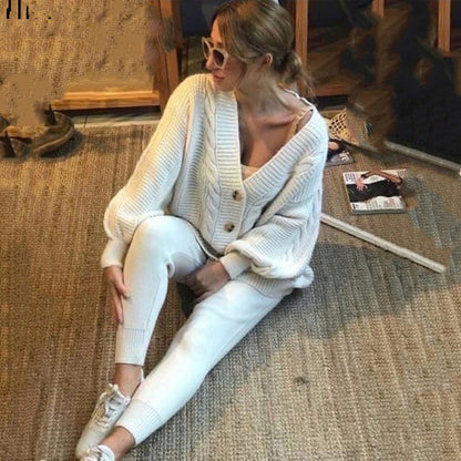 Conjunto de dos piezas de cárdigan y pantalón de punto informal de botonadura sencilla para mujer tallas S-3XL