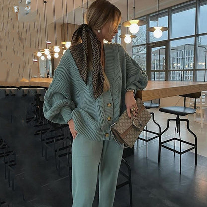 Conjunto de dos piezas de cárdigan y pantalón de punto informal de botonadura sencilla para mujer tallas S-3XL