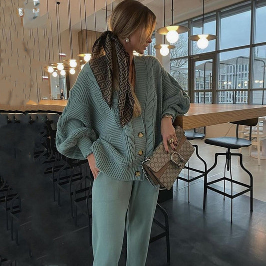 Conjunto de dos piezas de cárdigan y pantalón de punto informal de botonadura sencilla para mujer tallas S-3XL