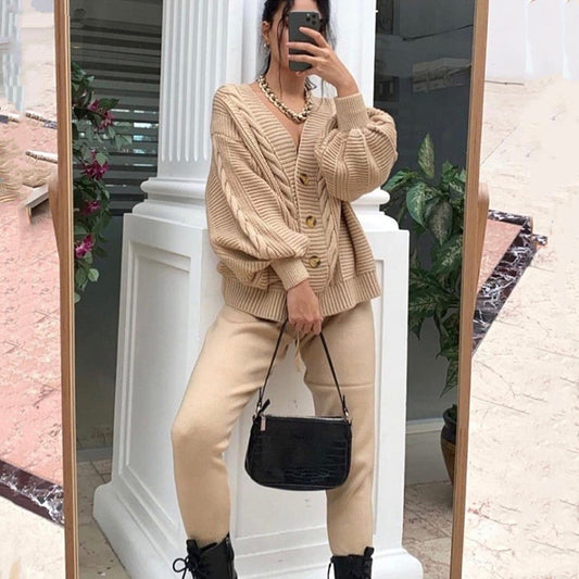 Conjunto de dos piezas de cárdigan y pantalón de punto informal de botonadura sencilla para mujer tallas S-3XL