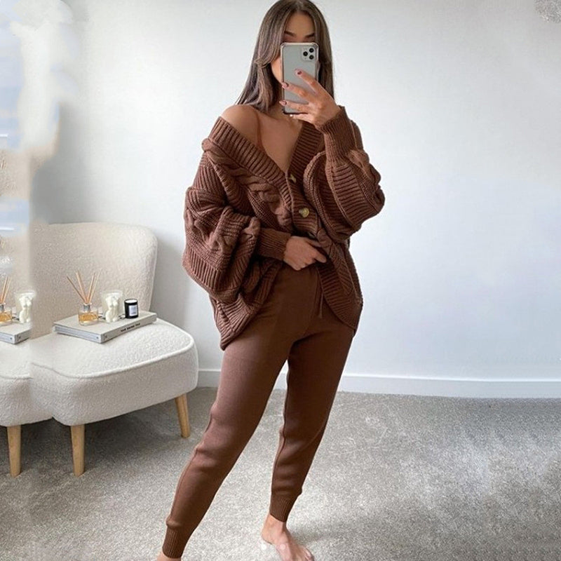 Conjunto de dos piezas de cárdigan y pantalón de punto informal de botonadura sencilla para mujer tallas S-3XL