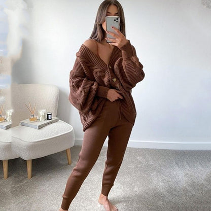Conjunto de dos piezas de cárdigan y pantalón de punto informal de botonadura sencilla para mujer tallas S-3XL