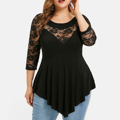 S-5XL Women Plus Size Casual Long Sleeve Lace Patchwork Irregular Hem Color Block Spring Top
