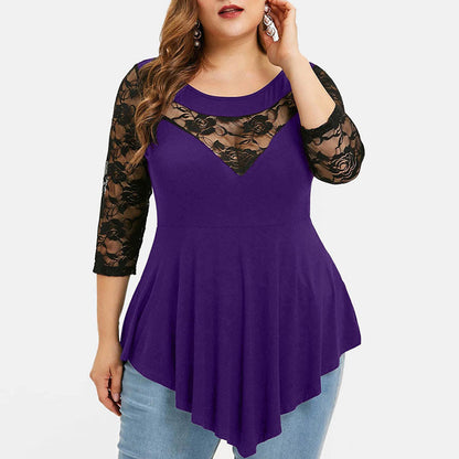 S-5XL Women Plus Size Casual Long Sleeve Lace Patchwork Irregular Hem Color Block Spring Top