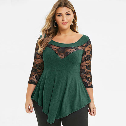 S-5XL Women Plus Size Casual Long Sleeve Lace Patchwork Irregular Hem Color Block Spring Top