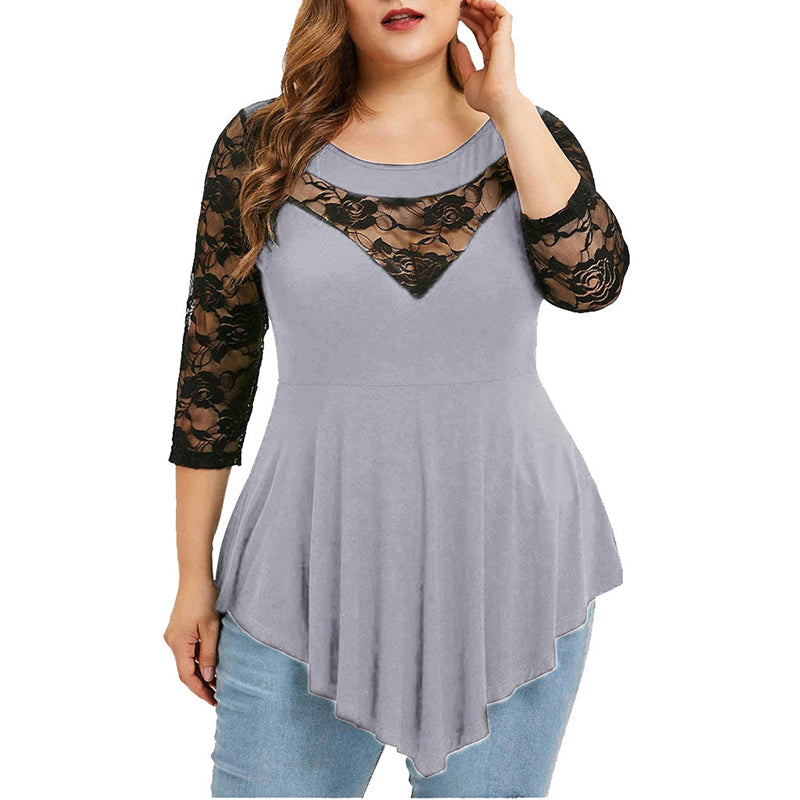 S-5XL Women Plus Size Casual Long Sleeve Lace Patchwork Irregular Hem Color Block Spring Top