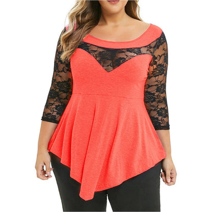 S-5XL Women Plus Size Casual Long Sleeve Lace Patchwork Irregular Hem Color Block Spring Top