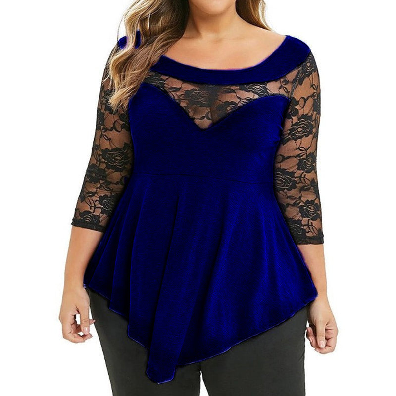 S-5XL Women Plus Size Casual Long Sleeve Lace Patchwork Irregular Hem Color Block Spring Top