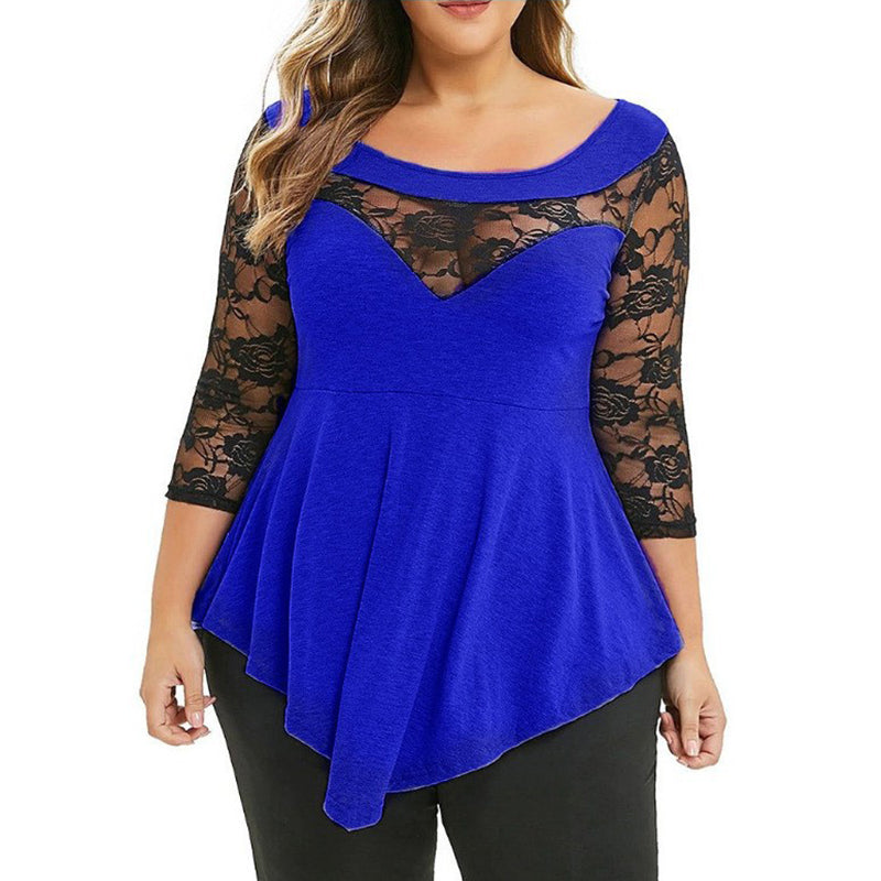 S-5XL Women Plus Size Casual Long Sleeve Lace Patchwork Irregular Hem Color Block Spring Top